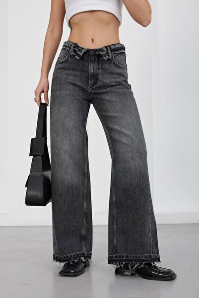 DENİKK Trend Premium Design Foldable Waist Detail Wide Leg Jean Denim Pants-F...