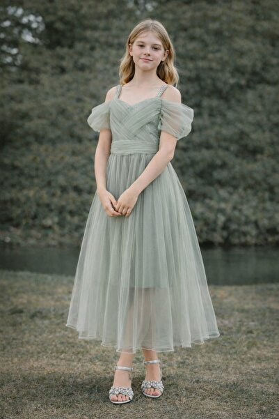 Tarz Çocuk Kız Çocuk Mint Yeşili Tüllü Abiye Elbise – Omuz Detaylı, Işıltılı ...