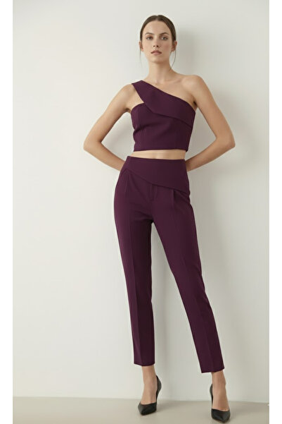 My Blog Mürdüm One-Shoulder Design Collar Blouse and Trousers Set - 8003