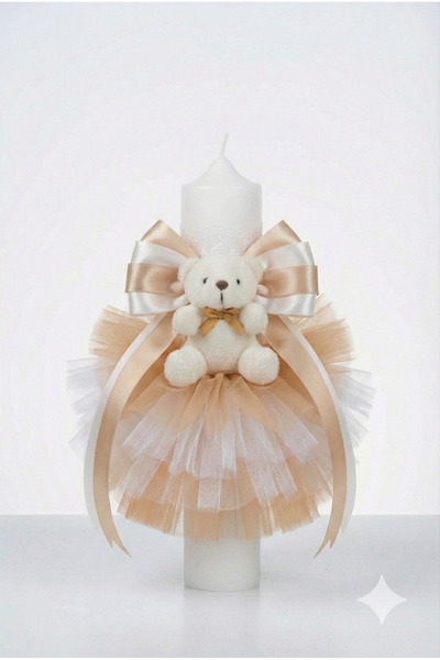 MASSIBEBE Elegant Baptism Candle with Plush Bear, Voluminous Tulle and Satin ...