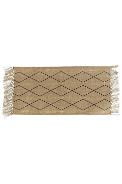 Generic Fringe Detail Line Print Rectangular Jute Rug Brown and Black 45 x 90 cm