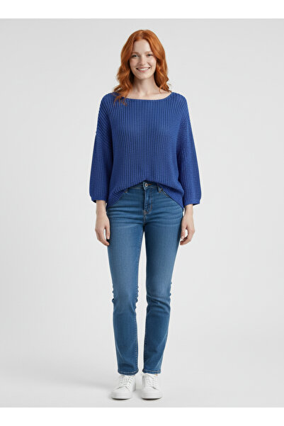 Neden Tekstil Saks Blue Boat Neck Half Sleeve Sweater