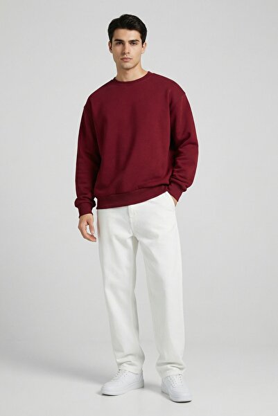 MAXIMILLIAN Men's Oversize Basic Relax Cotton Crew Neck Sweatshirt Bordo