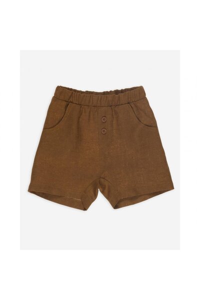 PETIT-ATELlER PETIT ATELIER Brown Linen Shorts Kids Elastic Waist Button Fron...