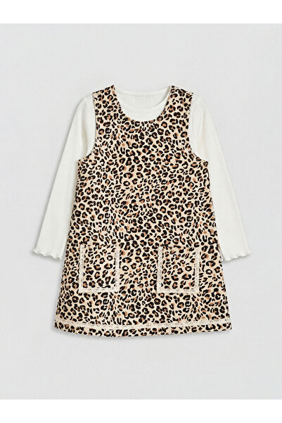 LC Waikiki Lcw kids beige leopard patterned girl's overalls dress and t-shirt