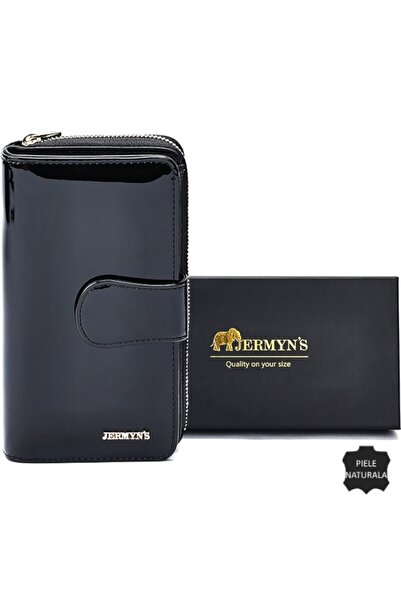 JERMYN'S Roma women's wallet made of genuine leather, elegant, black lacquered