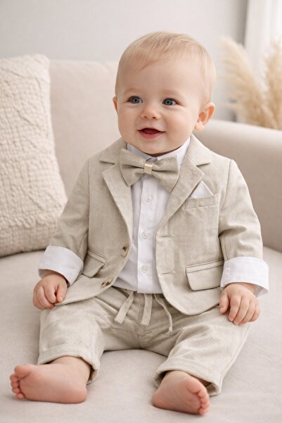 Pure Boutique Costum elegant baieti 4 piese bej sacou pantaloni camasa papion...