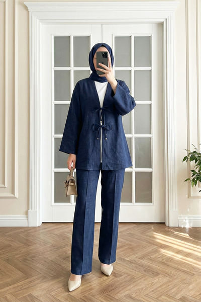 MODAQU Linen Kimono Trouser Set with Lace-Up Front – Navy Blue