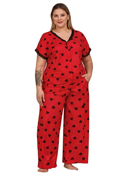 Truva XXL Red Heart Printed Plus Size Pajama Set |   Lace Detailed, Buttoned ...
