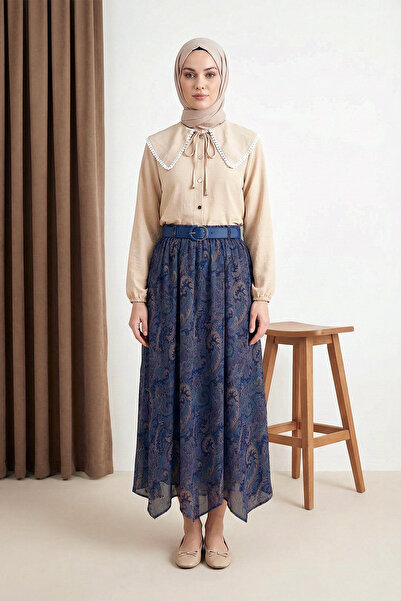 MODAQU Asymmetrical Belted Lined Chiffon Skirt - Indigo