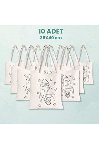Cemira 10 Adet Büyük Çocuk Boyama Çantası - Roket ve Yıldız Desenli Boyanabil...