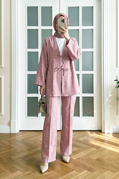 MODAQU Linen Kimono Trouser Set with Lace-Up Front – Powder