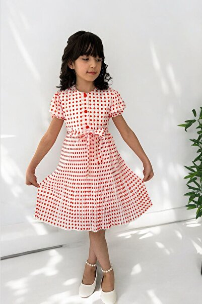 Minigimin Cicileri My Little One's Polka Dot Girls' Pleated Lined Dress - Orange