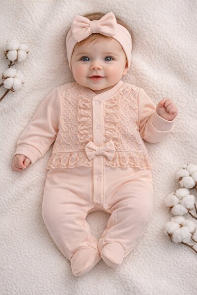 Pure Boutique Salopeta bebe fetita roz bumbac eleganta cu dantela si bentita ...