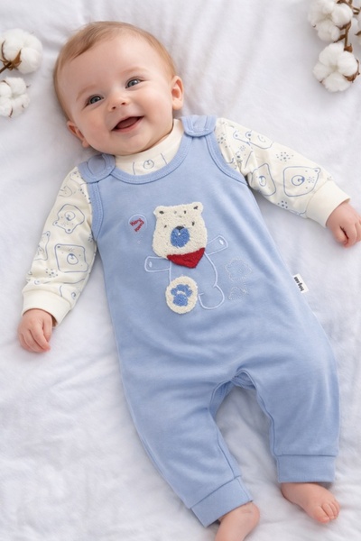 Pure Boutique Set bebe baieti 2 piese salopeta albastra si bluza ursulet bumbac