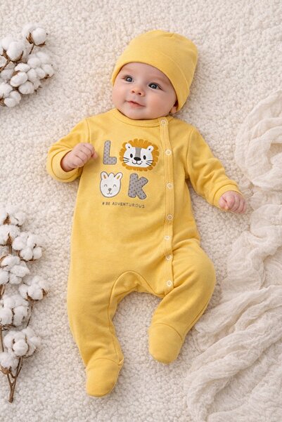 Pure Boutique Cotton baby jumpsuit with side snaps and lion look hat