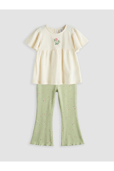 LC Waikiki Lcw baby beige floral patterned girl's blouse and leggings