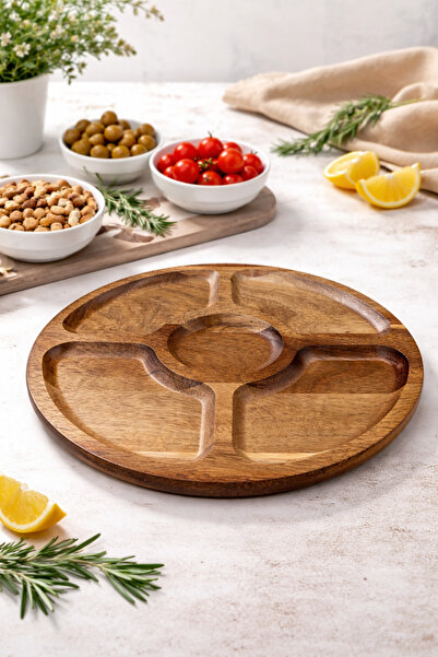LEONEV Round Presentation Tray with Acacia Compartments