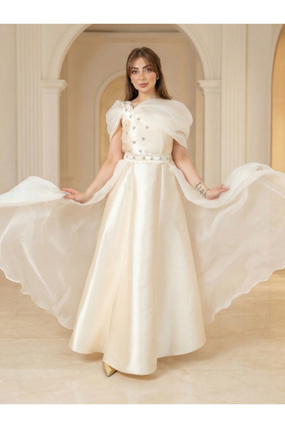 Nice Model Dawn Sparkle Taffeta Evening Gown Off-Shoulder Organza Ball Gown w...