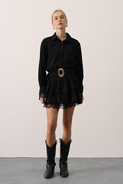 Lovely butik Women's Shirt-Collar Lace-Embellished Belted Stylish Dress for N...