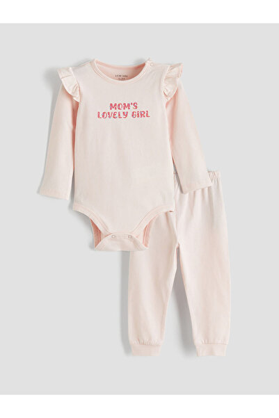 LC Waikiki Lcw baby pink printed baby girl snap-on bodysuit and pants set
