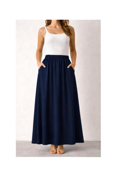 memetti m şekil Women's Navy Blue Double Ankle-Length Poplin Skirt with Elast...