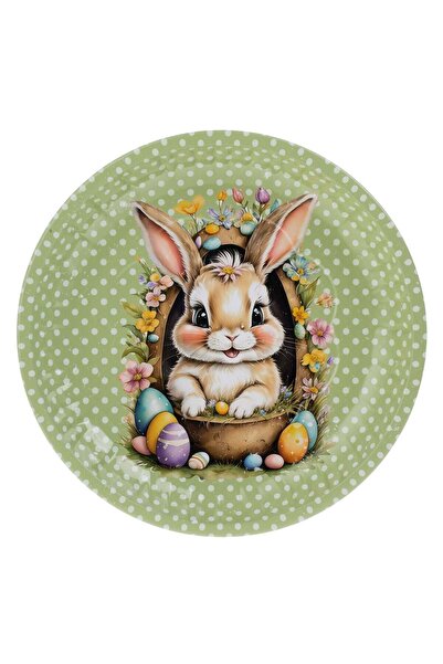 OEM Farfurie Decorativa de Paste Metalica Verde cu Buline & Iepuras Ø25cm