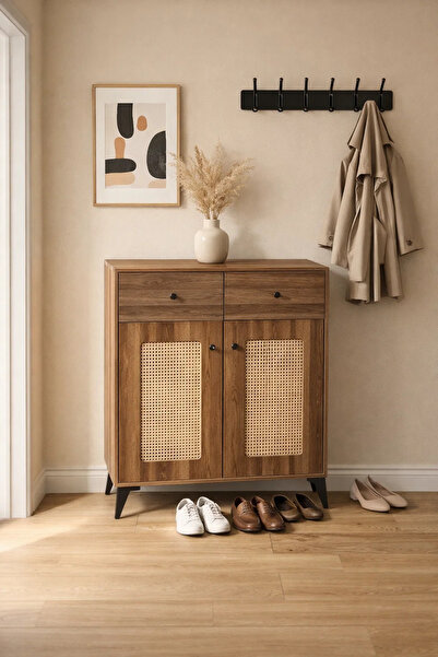 MARIA HOMES Wooden Shoe Cabinet Storage Organizer with Rattan Doors and Drawe...