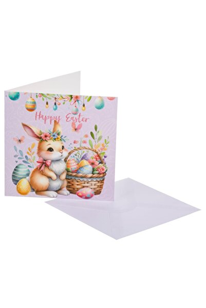 OEM Felicitare Lila Iepure Oua Flori Glitter Happy Easter Plic Alb 15x15cm