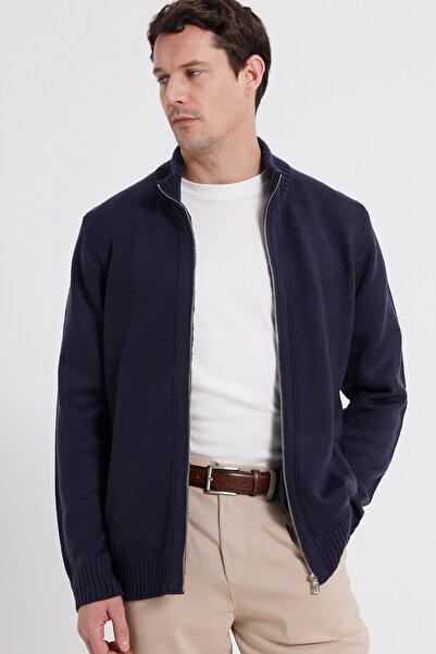Tudors Men's Standard Fit Regular Cut Zippered Navy Blue Cardigan