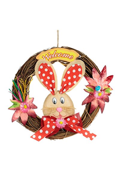 OEM Decorative Easter Wreath Bunnies Red Polka Dot Bow 26cm
