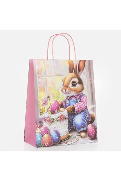 OEM Sacosa Cadou Kraft cu Iepuras Tort Camasa Roz Carouri 26x12x32cm