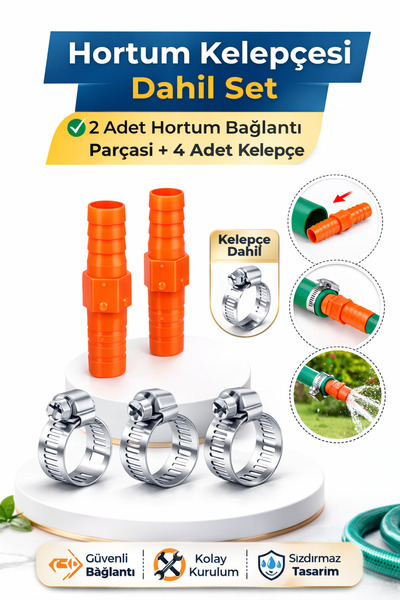 DESIPHON 1/2 Hortum Ekleme Aparatı 2 Adet Bağlantı Aparatı ve 4 Adet Kelepçe Dahil Bahçe Hortum Seti