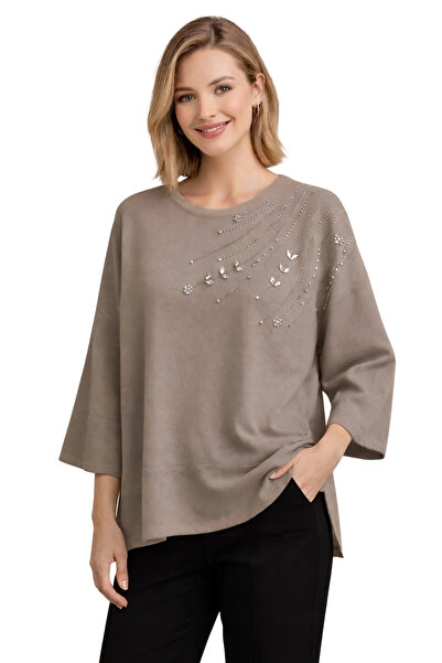 Bİ.GİYSEN Women's Vi̇zon Crew Neck Shoulders Crystal Stone Flower Embroidered...