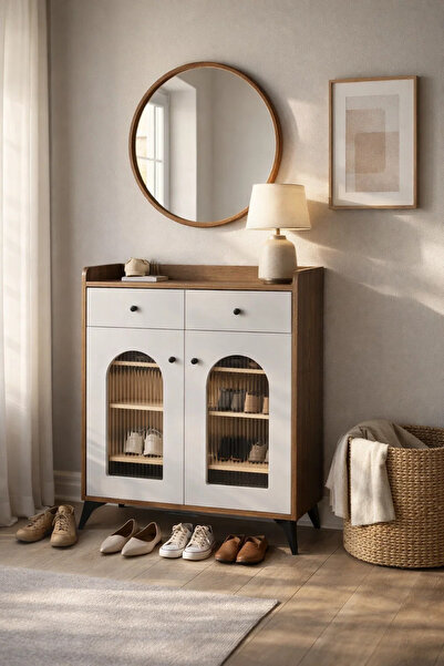 MARIA HOMES Contemporary Shoe Storage Cabinet with Arched Glass Doors and Dra...
