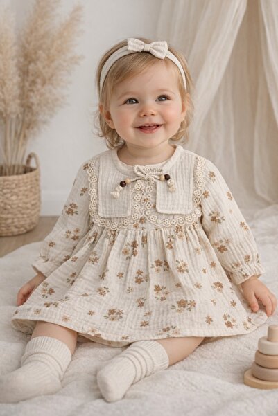 Pure Boutique Бежова муселинова рокля за малки момичета с кафяви цветя, данте...