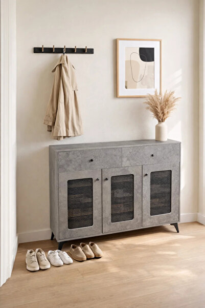 MARIA HOMES Modern Grey Shoe Cabinet with Three Mesh Doors and Two Drawers St...