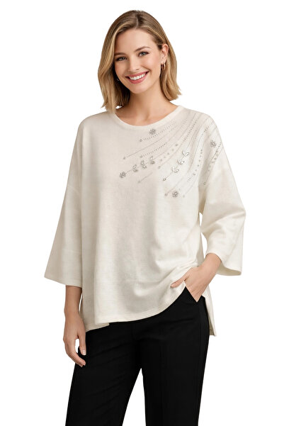 Bİ.GİYSEN Women's Ecru Crew Neck Shoulders Crystal Stone Flower Embroidered L...