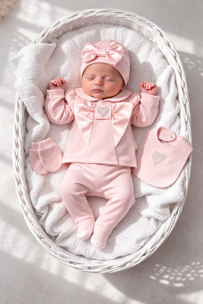 VERONA TARZ Baby Girl 5-Piece Hospital Discharge Set 0-3 Months Hearted Bow C...