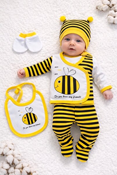 Pure Boutique Бебешки комплект от 5 части, пчела, жълто-черно, памук панталон...