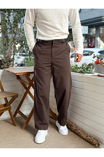 manch collection Double Leather Belted Baggy Linen Trousers Brown