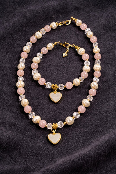 Tasarım Gerçek Tatlı Su İncisi & Doğal Pembe Kuvars Taşlı Kalp Figürlü Kolye ...