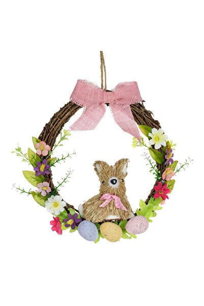 OEM Decorative Easter Wreath with Eggs, Flowers, Bunny, Beige Bow 25cm