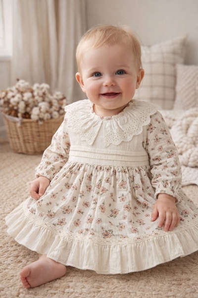 Pure Boutique Rochie fetita crem cu flori roz guler dantela eleganta botez ev...