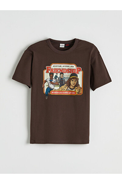 LC Waikiki Καφέ μπλουζάκι για αγόρια με στάμπα Stranger Things και λαιμόκοψη ...