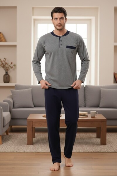 Lohussa Men's Gray Button Detailed Long Sleeve 100% Cotton Special Design Lar...