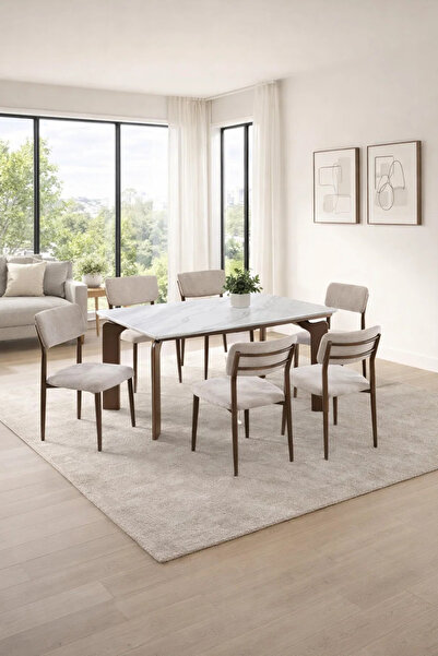 MARIA HOMES طقم طاولة طعام أنيق لستة أشخاص، سطح من الرخام الأبيض مع كراسي طعا...