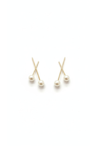 GLİTHE.CO Steel Pearl Detailed Minimal X Earrings