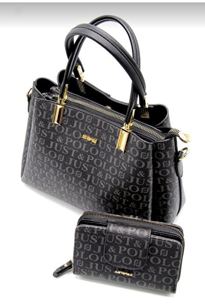 Just Polo طقم حقيبة ومحفظة نسائية سوداء مكونة من 5 أقسام