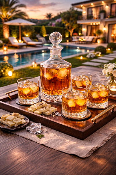 COCEM Kristal Kesme Cam 1200 cc Karaf ve 4x 215 cc Bardak | Şık Dekanter Set